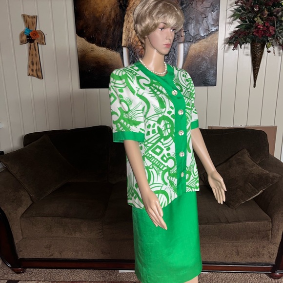 Gene Roye • Vintage • Silk • Lime Green / White • Geometric • Size 12 • Dress - Picture 16 of 16